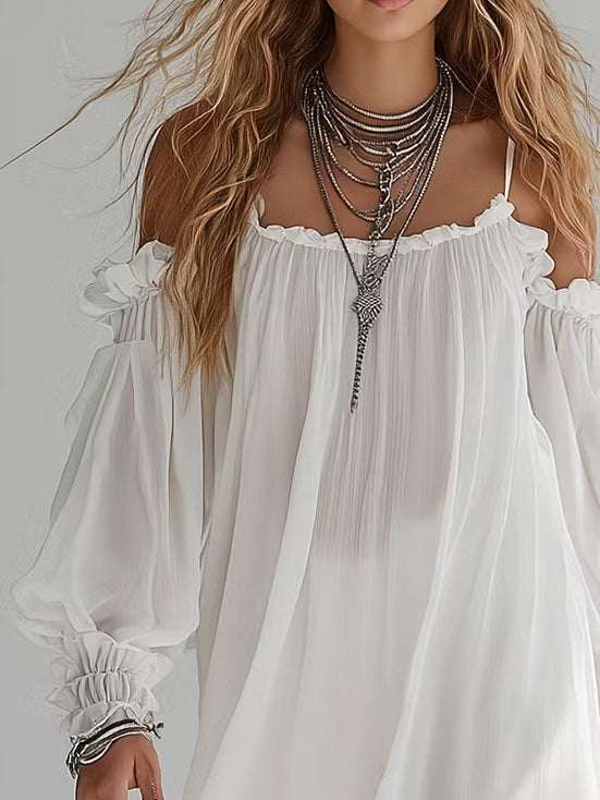 Pola | Mini floter sukienka w boho stylu z odkrytymi ramionami
