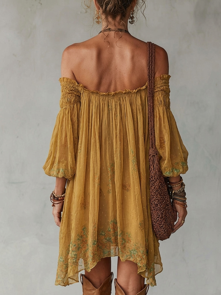 Lena | Mini żółta sukienka w kwiaty Off Shoulder