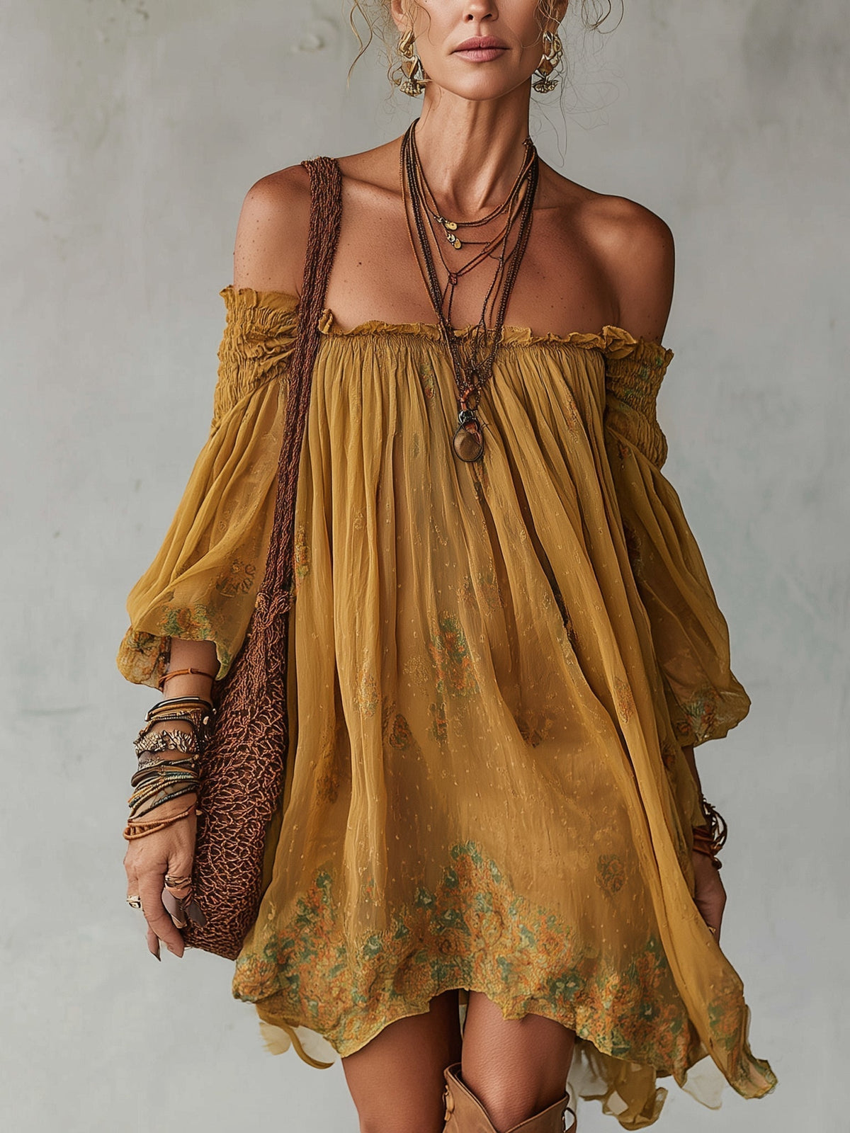 Lena | Mini żółta sukienka w kwiaty Off Shoulder