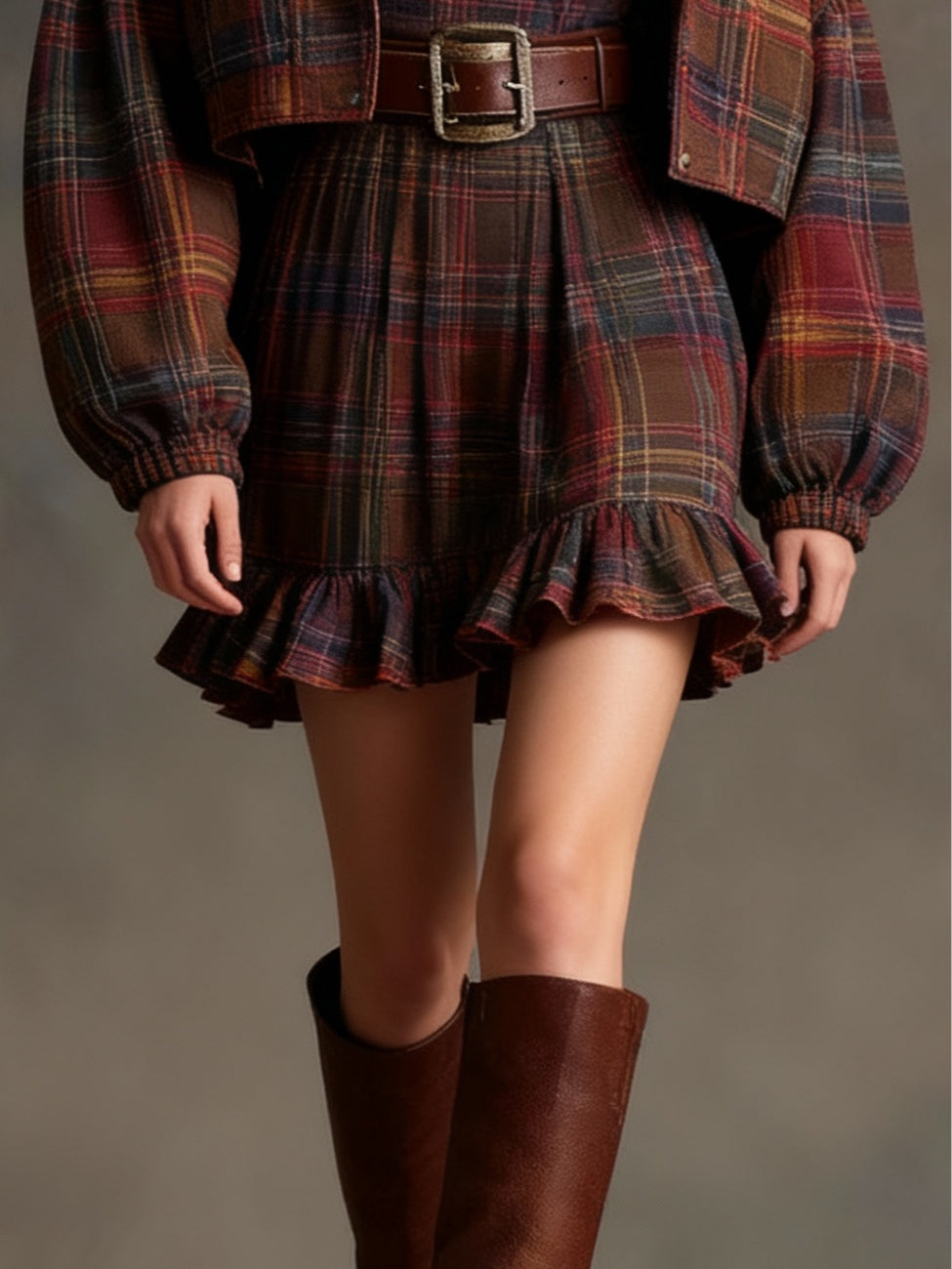 Wiktoria | Mini Sukienka Vintage w Kratkę z Paskiem i Szeroką Marynarką (Zawiera pasek)